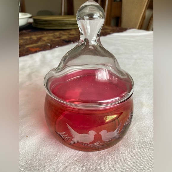 Cranberry Candy Dish with clear lid - Picture 1 of 4